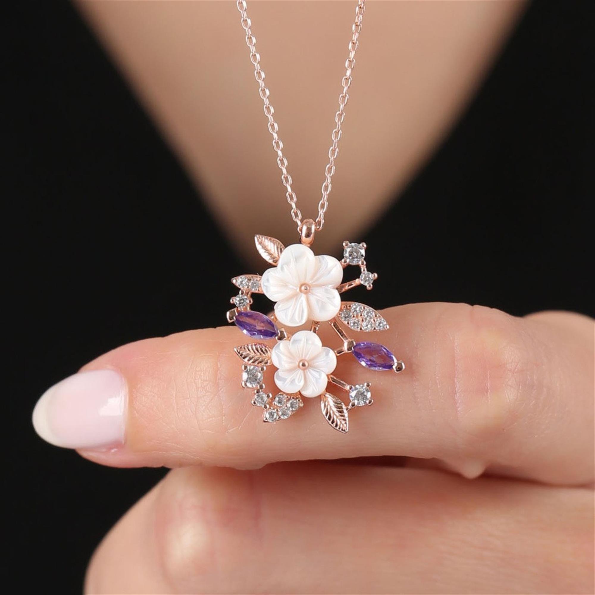 Magnolia Twin Bloom Amethyst Color CZ Rose Gold 925K Sterling Silver Necklace