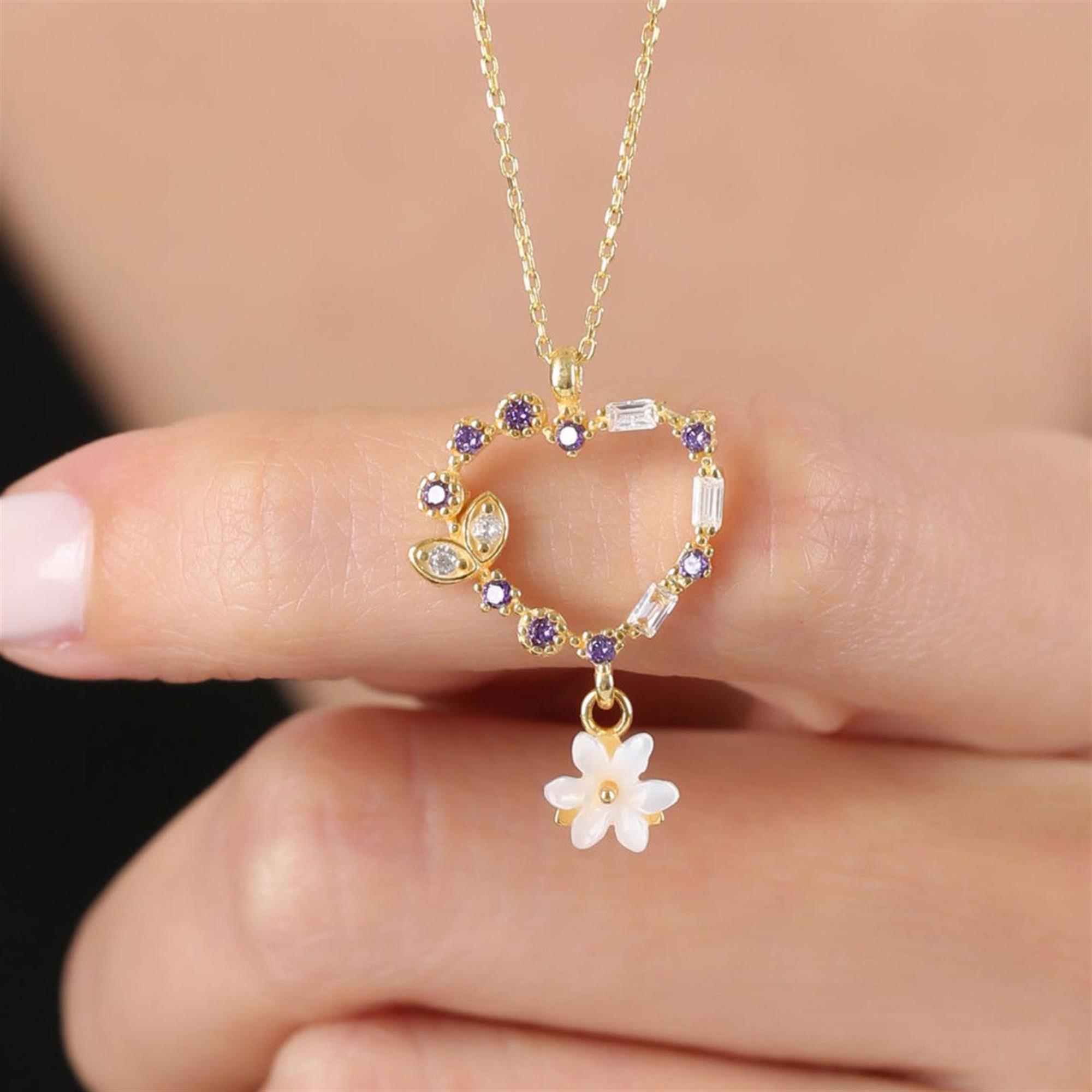 Magnolia Heart Garden Amethyst Color CZ 14K Gold Necklace