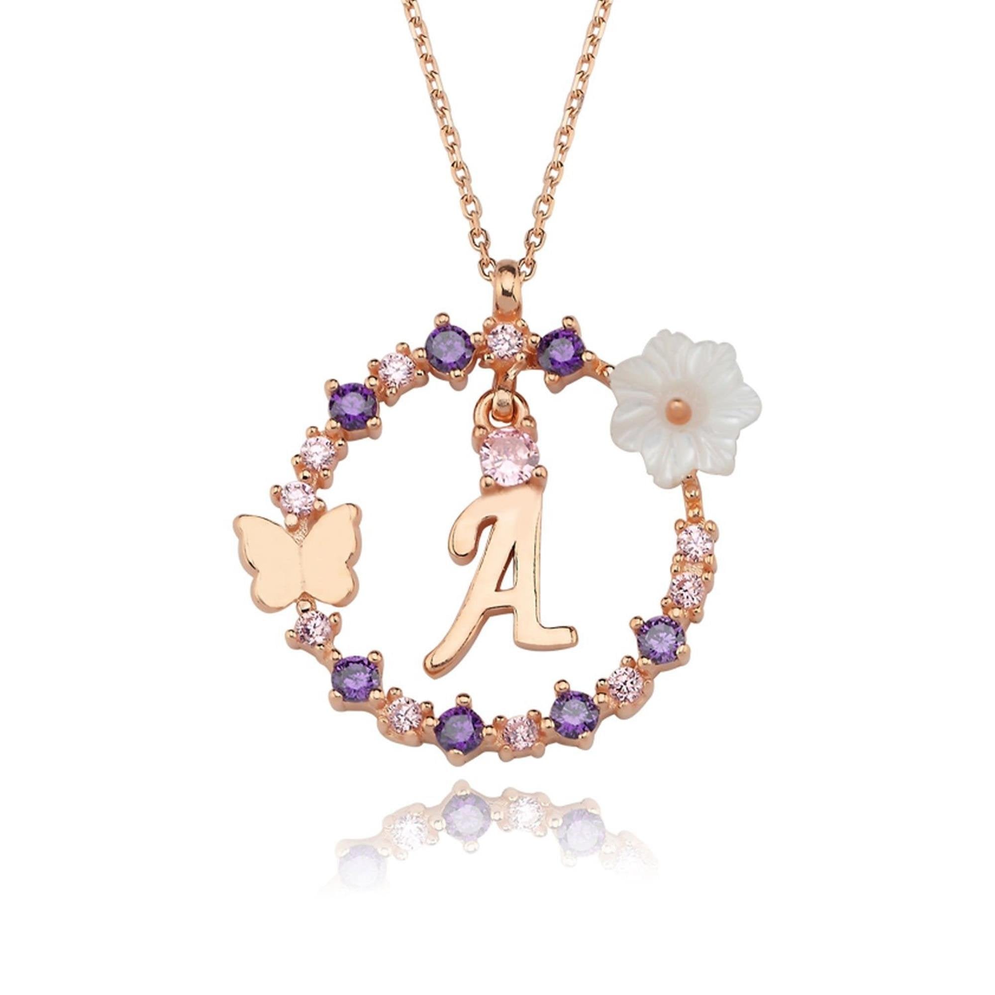 Floral Dream A Initial CZ Rose Gold 925K Sterling Silver Necklace
