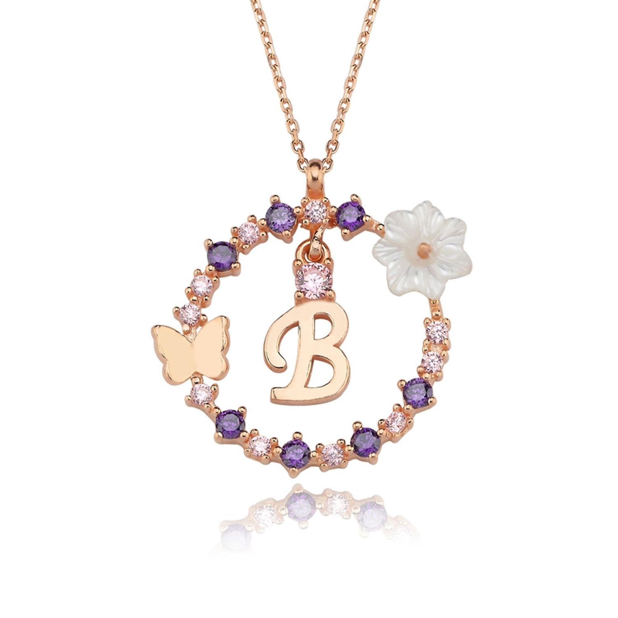 Floral Dream B Initial CZ Rose Gold 925K Sterling Silver Necklace