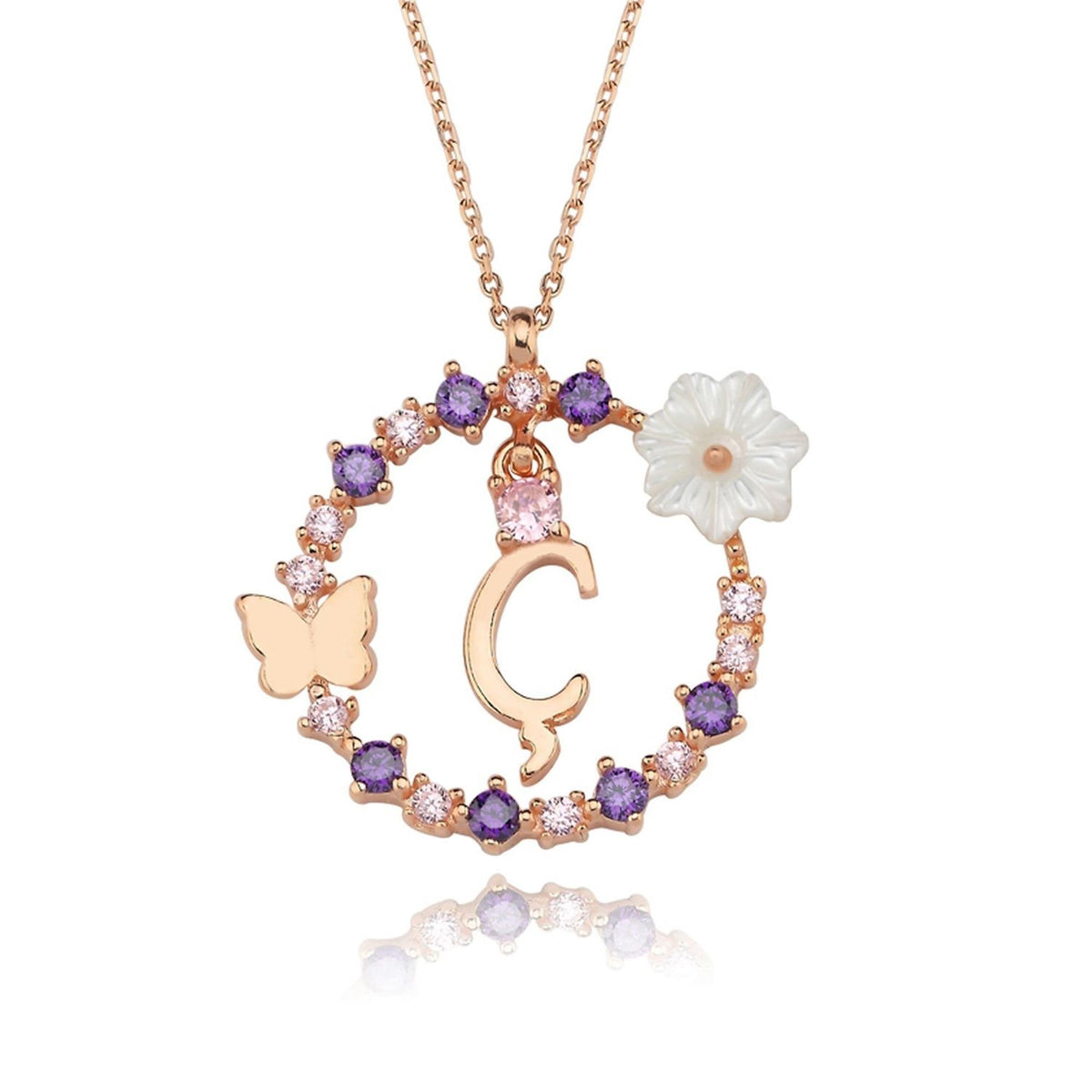 Floral Dream Ç Initial CZ Rose Gold 925K Sterling Silver Necklace