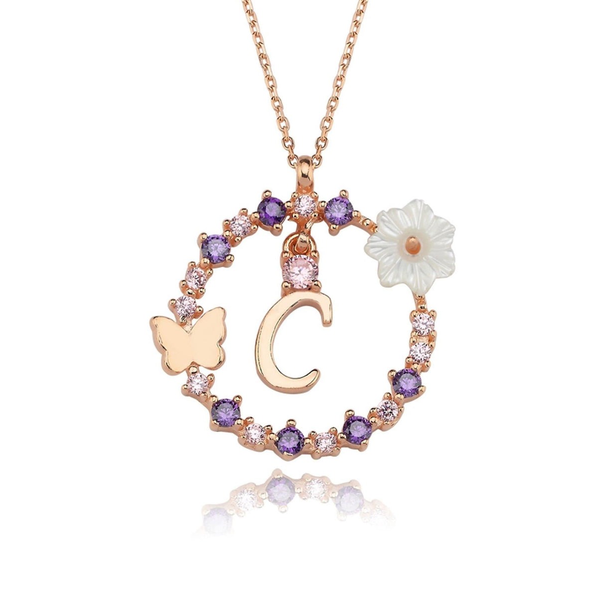 Floral Dream C Initial CZ Rose Gold 925K Sterling Silver Necklace