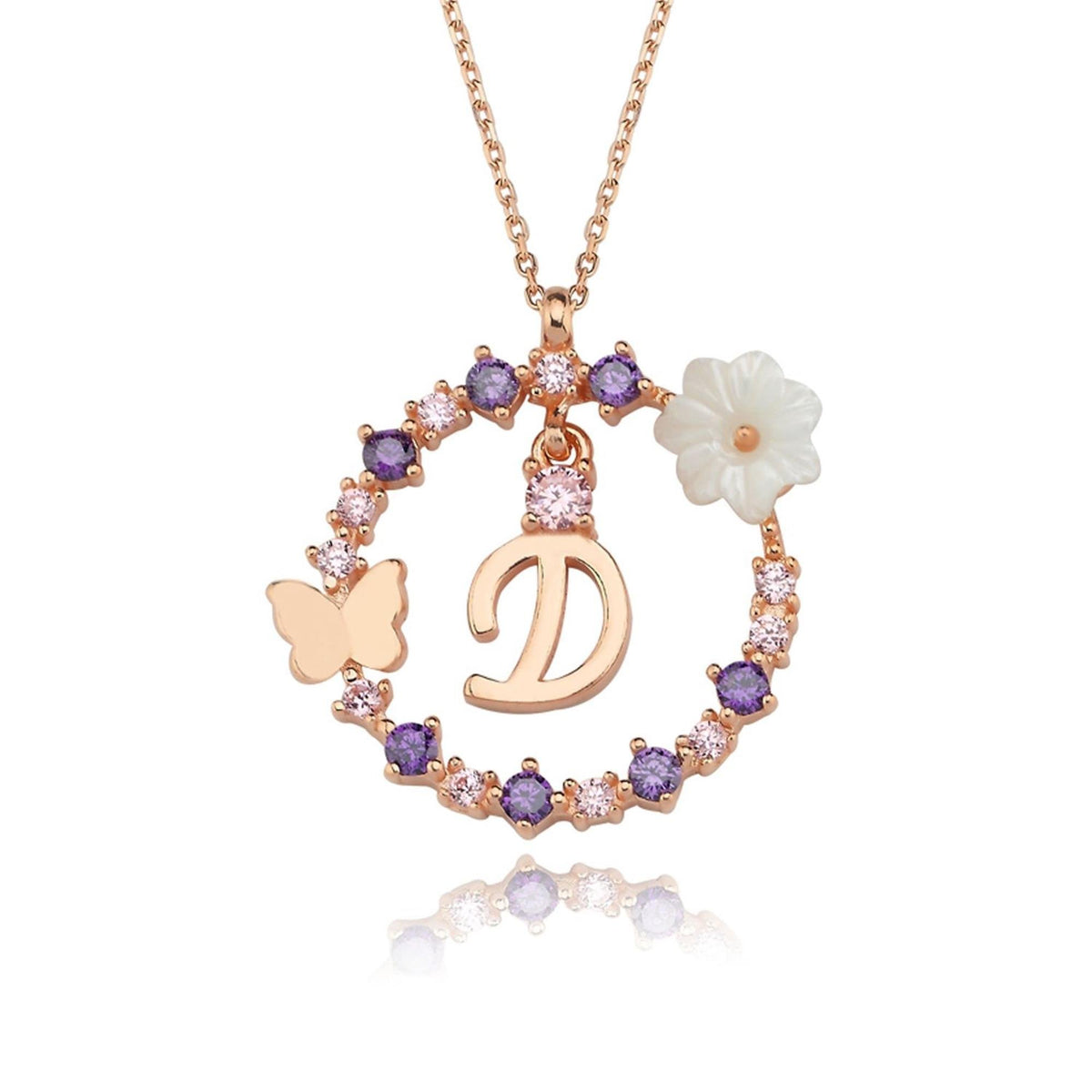 Floral Dream D Initial CZ Rose Gold 925K Sterling Silver Necklace