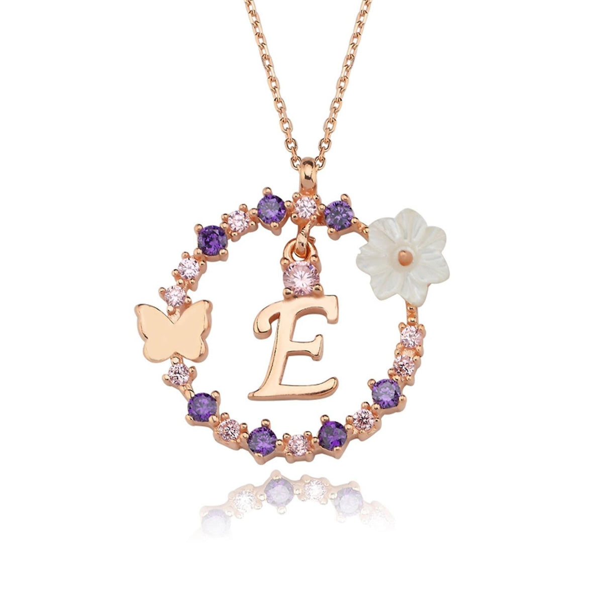 Floral Dream E Initial CZ Rose Gold 925K Sterling Silver Necklace
