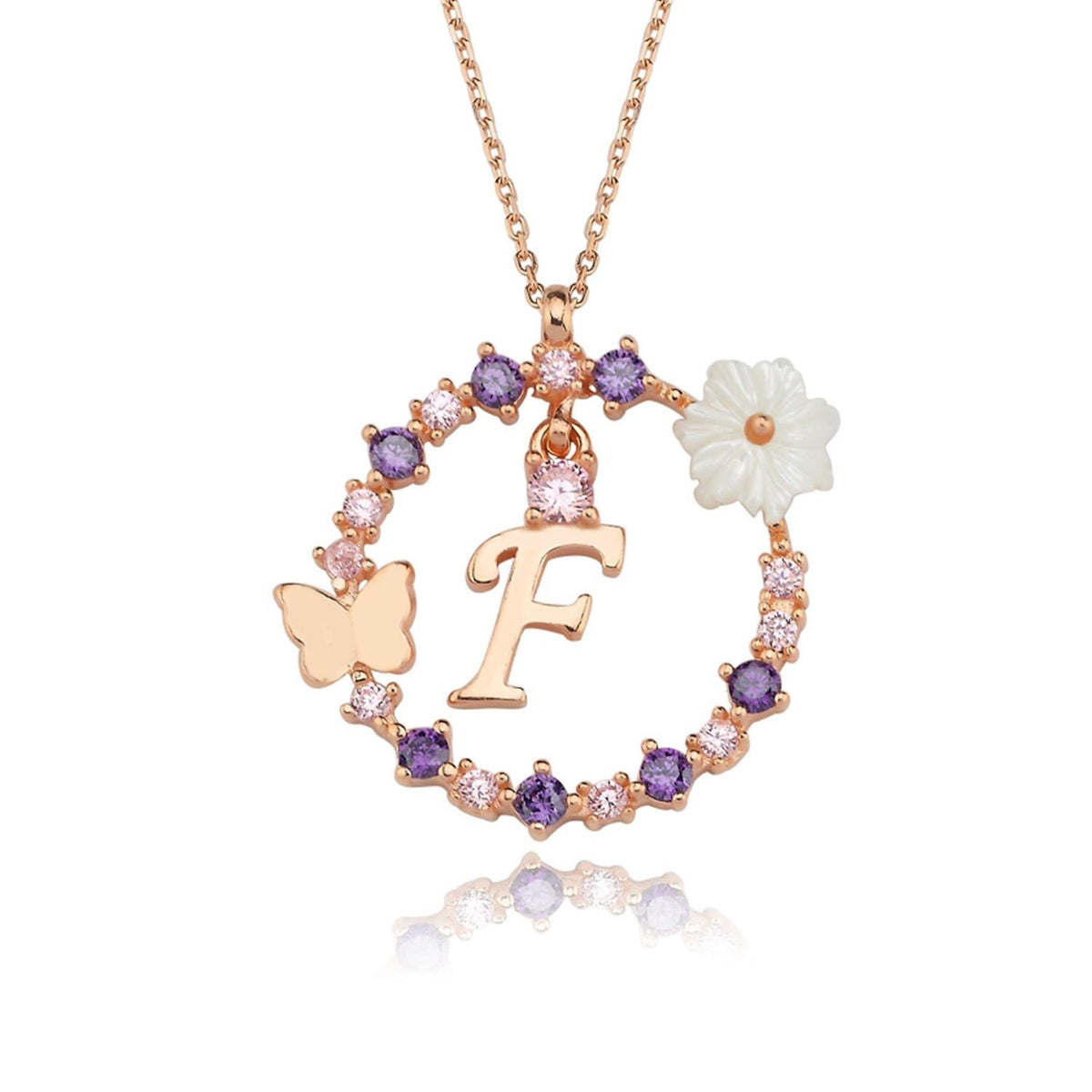 Floral Dream F Initial CZ Rose Gold 925K Sterling Silver Necklace