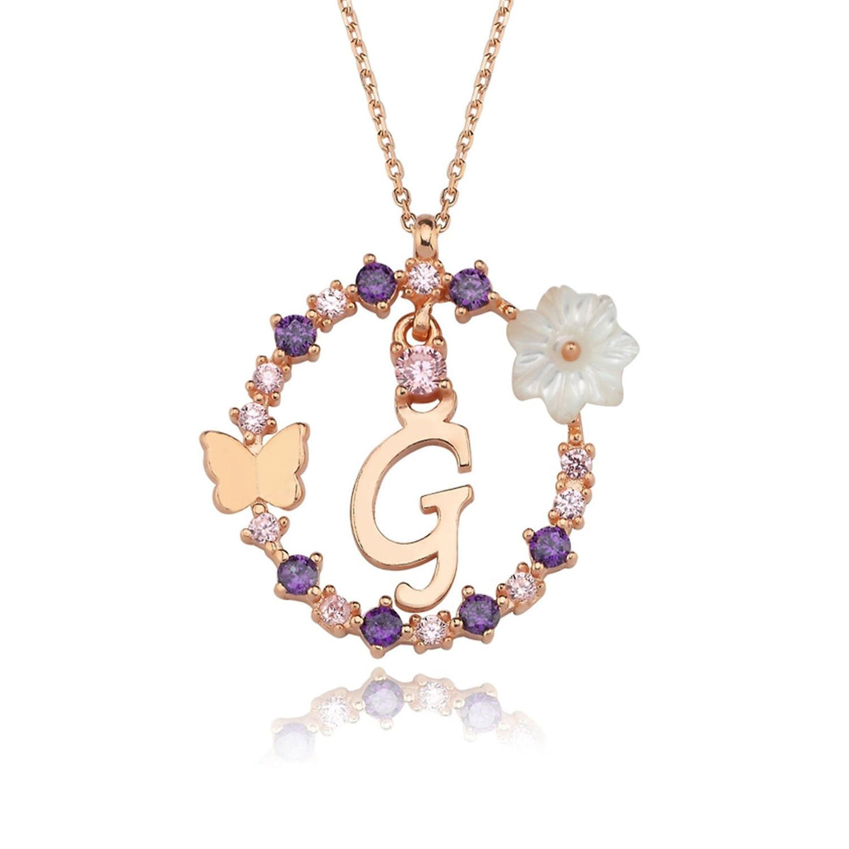 Floral Dream G Initial CZ Rose Gold 925K Sterling Silver Necklace