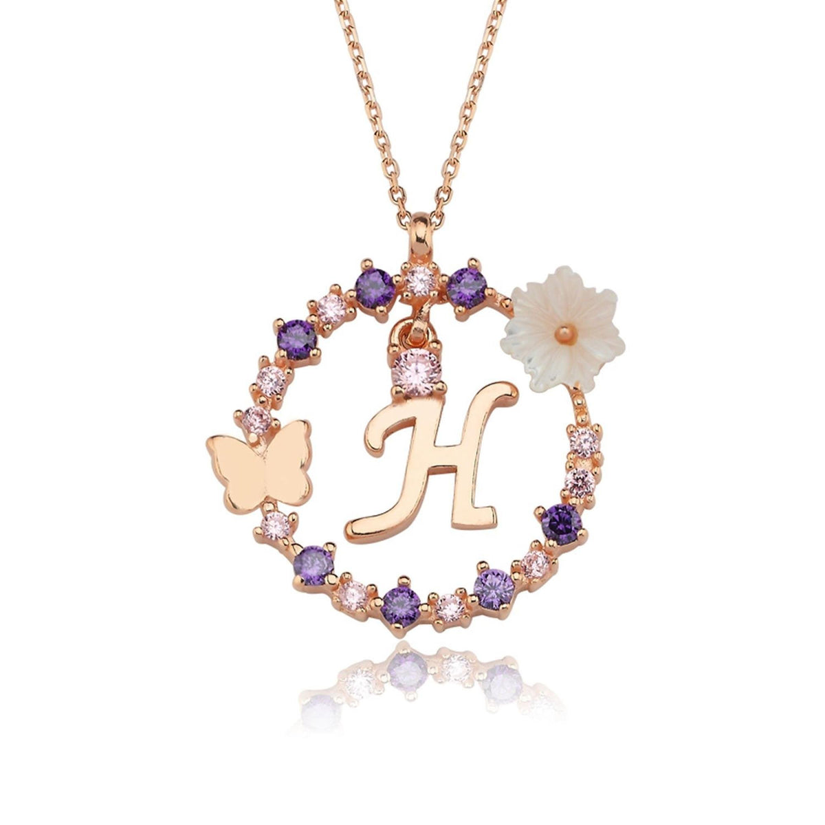 Floral Dream H Initial CZ Rose Gold 925K Sterling Silver Necklace