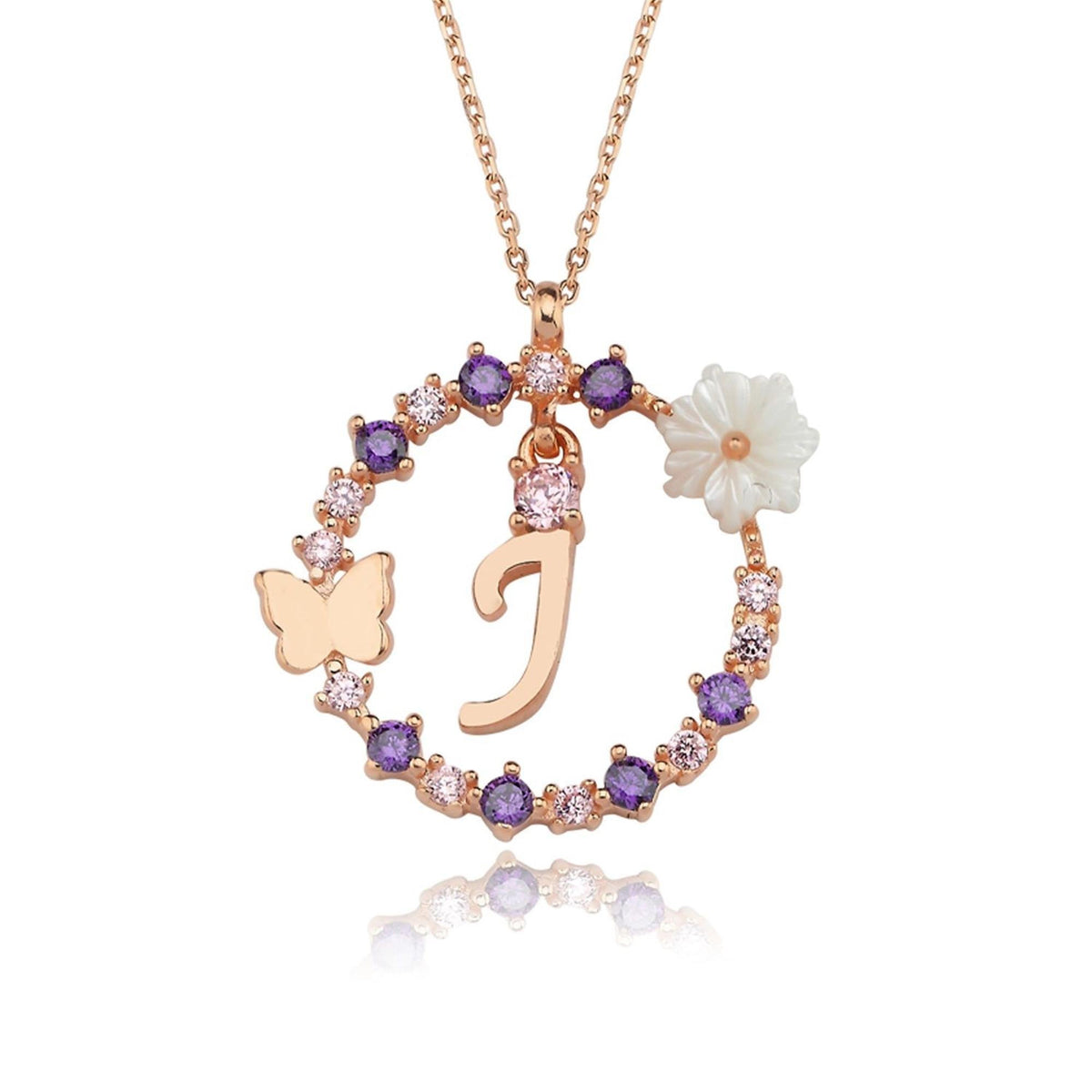 Floral Dream J Initial CZ Rose Gold 925K Sterling Silver Necklace