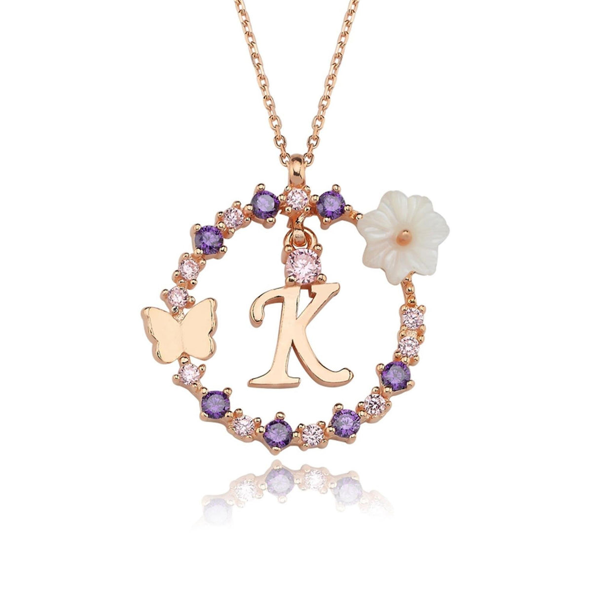 Floral Dream K Initial CZ Rose Gold 925K Sterling Silver Necklace