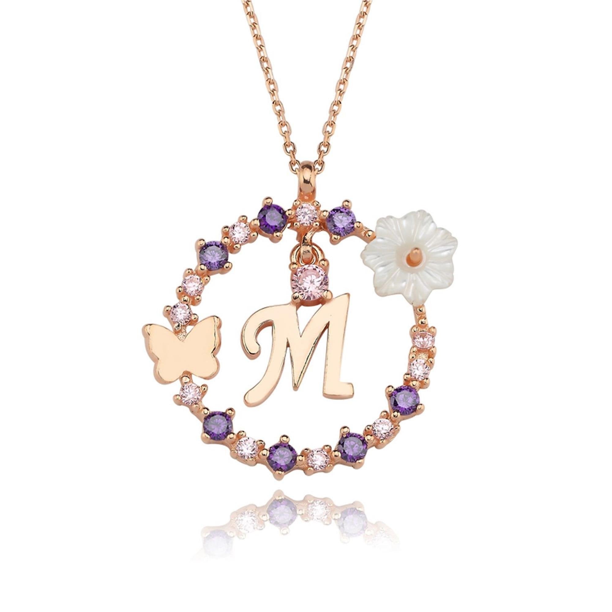 Floral Dream M Initial CZ Rose Gold 925K Sterling Silver Necklace