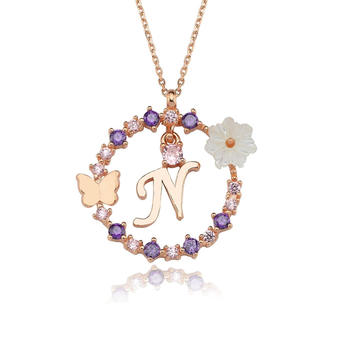 Floral Dream N Initial CZ Rose Gold 925K Sterling Silver Necklace