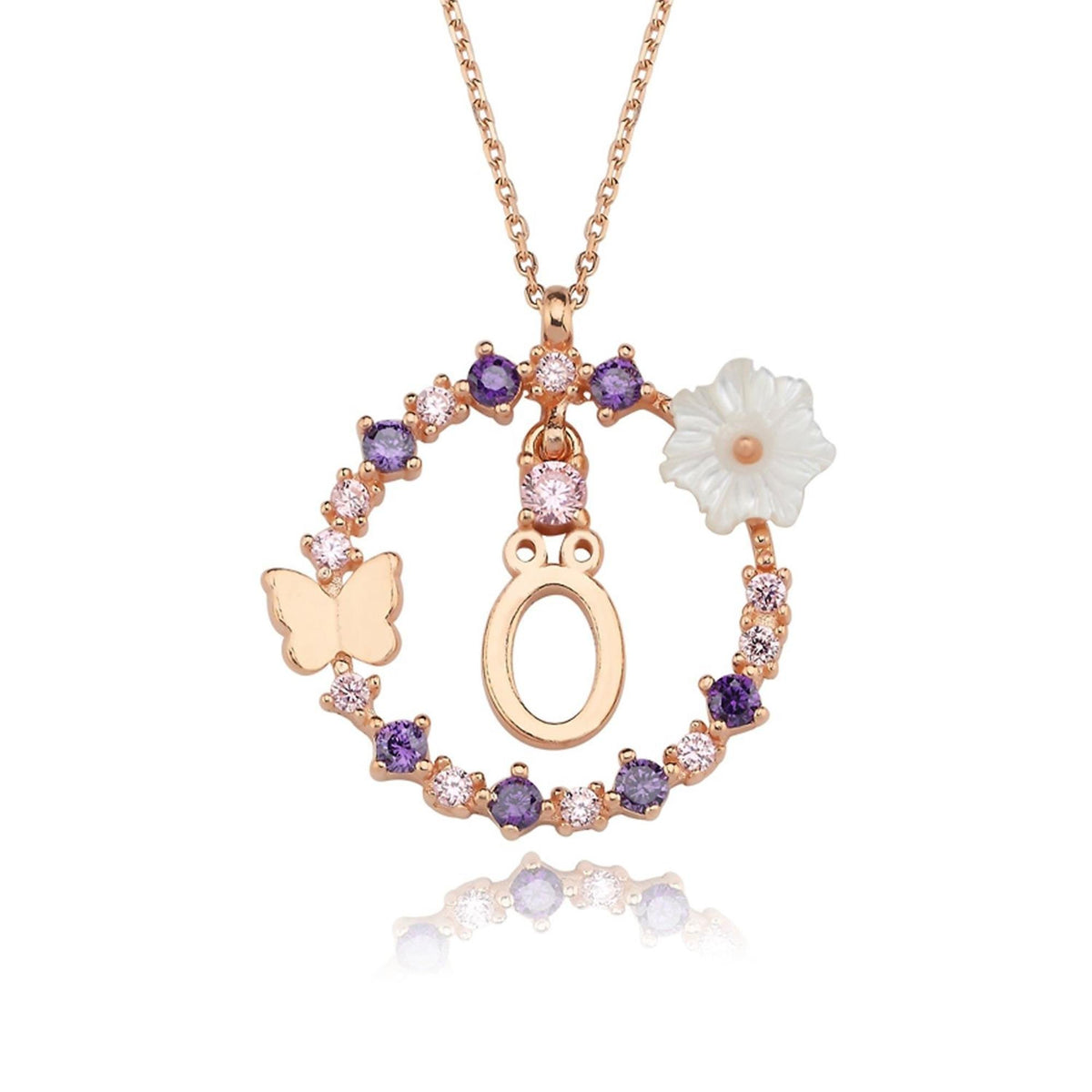 Floral Dream Ö Initial CZ Rose Gold 925K Sterling Silver Necklace