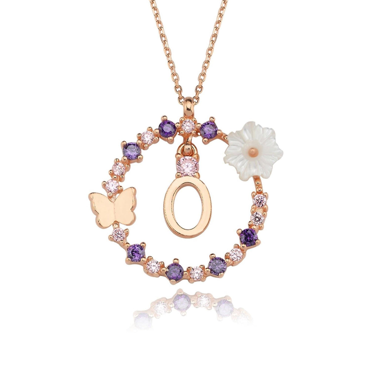 Floral Dream O Initial CZ Rose Gold 925K Sterling Silver Necklace