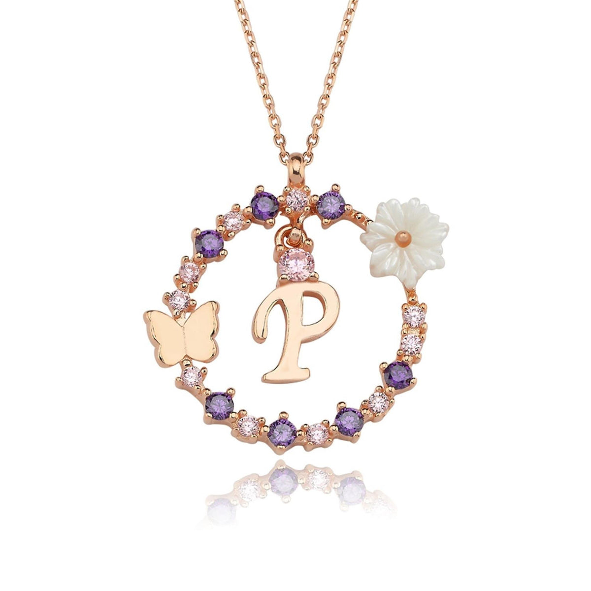 Floral Dream P Initial CZ Rose Gold 925K Sterling Silver Necklace