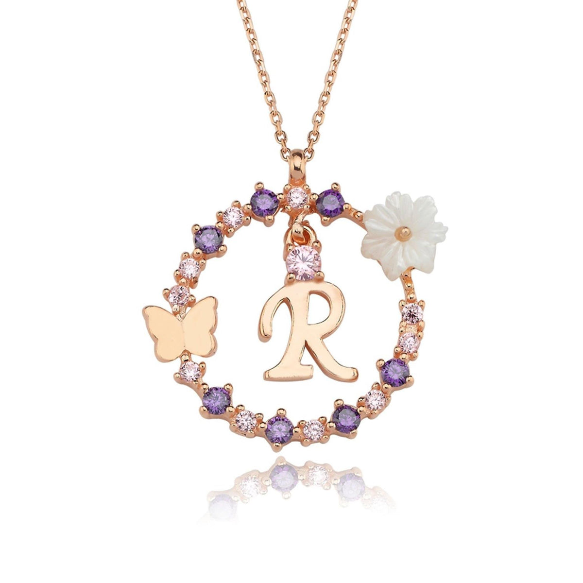 Floral Dream R Initial CZ Rose Gold 925K Sterling Silver Necklace