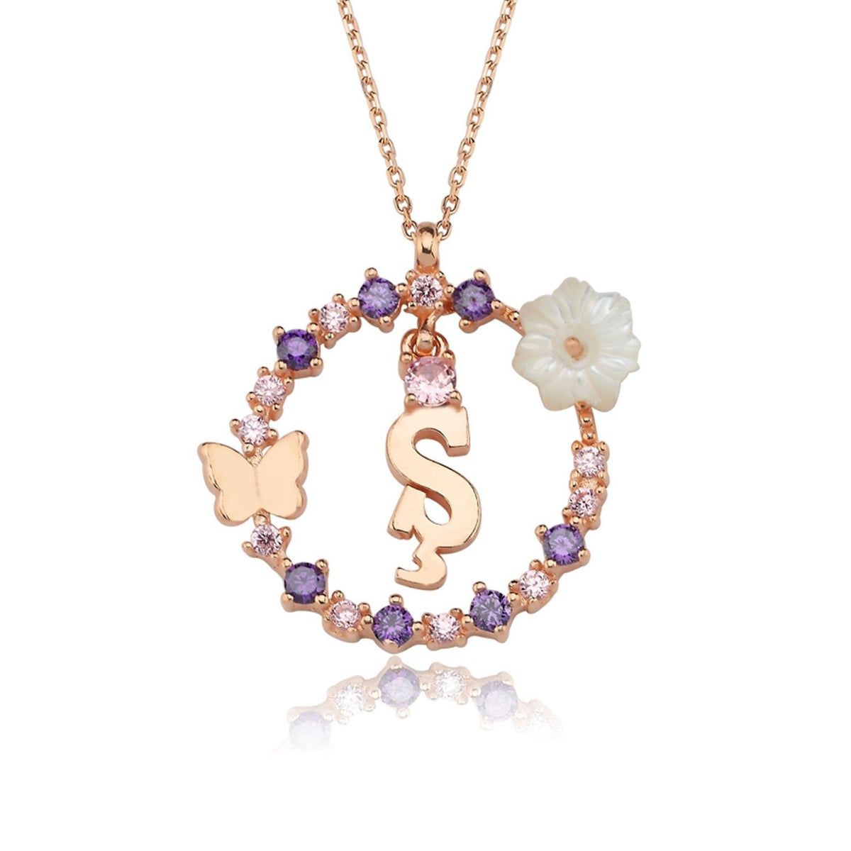 Floral Dream Ş Initial CZ Rose Gold 925K Sterling Silver Necklace