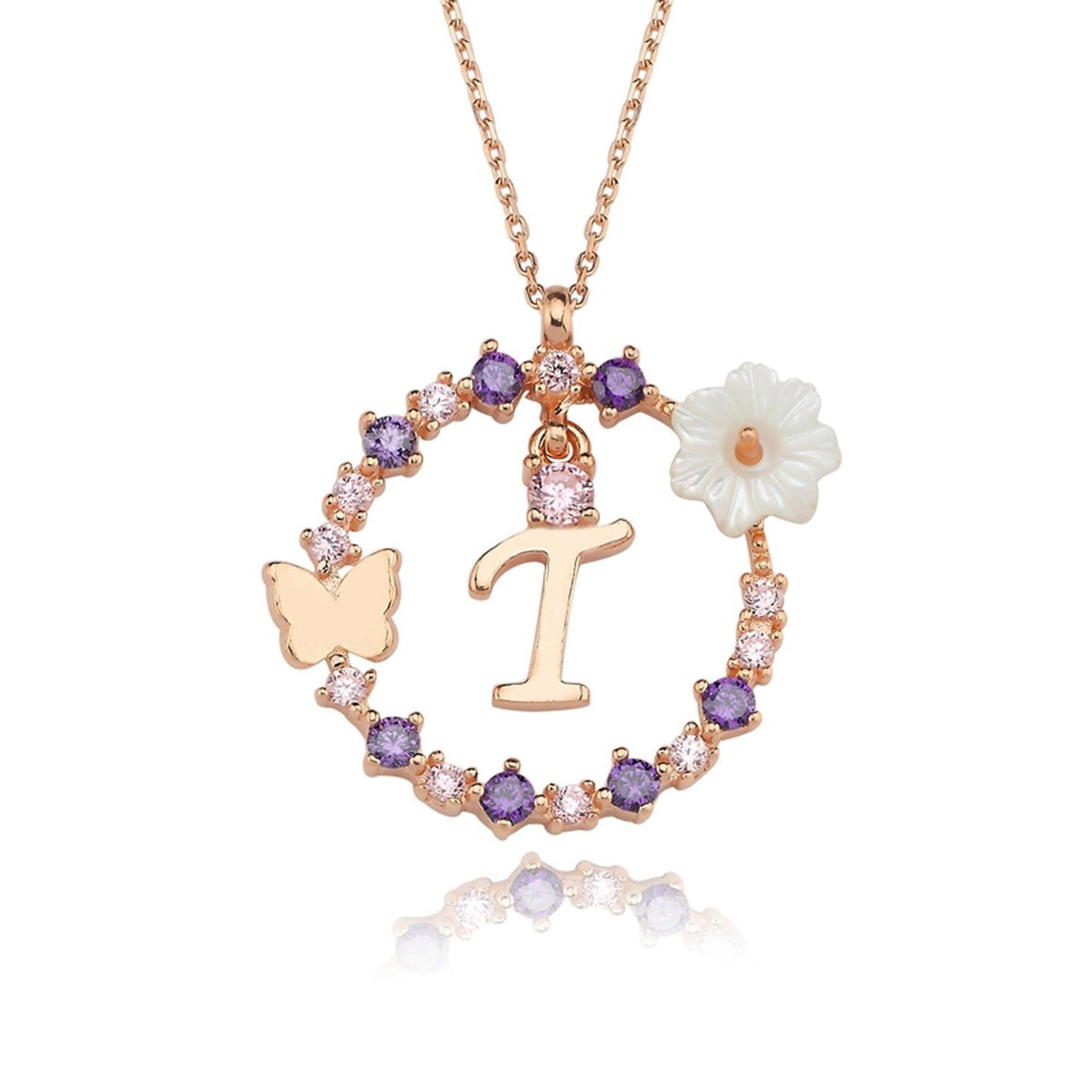 Floral Dream T Initial CZ Rose Gold 925K Sterling Silver Necklace