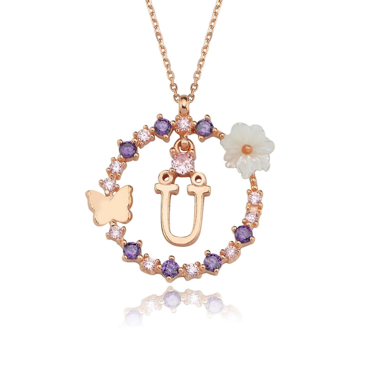 Floral Dream Ü Initial CZ Rose Gold 925K Sterling Silver Necklace