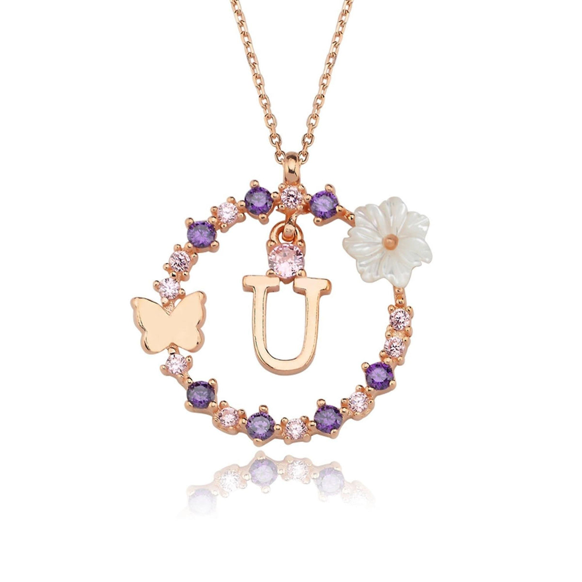 Floral Dream U Initial CZ Rose Gold 925K Sterling Silver Necklace