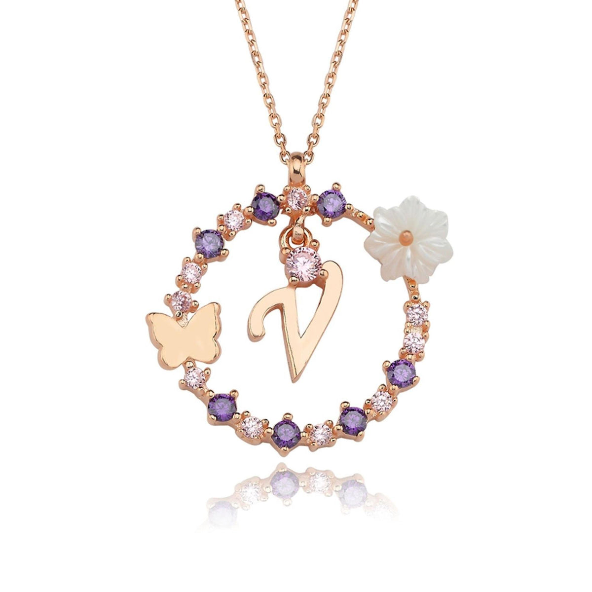Floral Dream V Initial CZ Rose Gold 925K Sterling Silver Necklace
