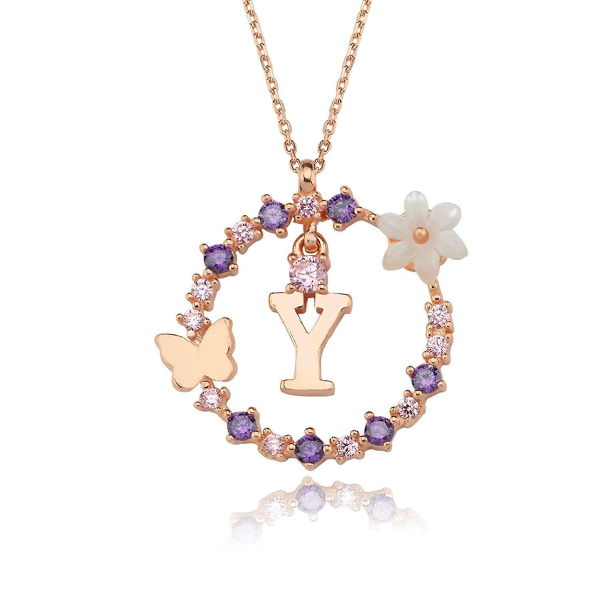 Floral Dream Y Initial CZ Rose Gold 925K Sterling Silver Necklace