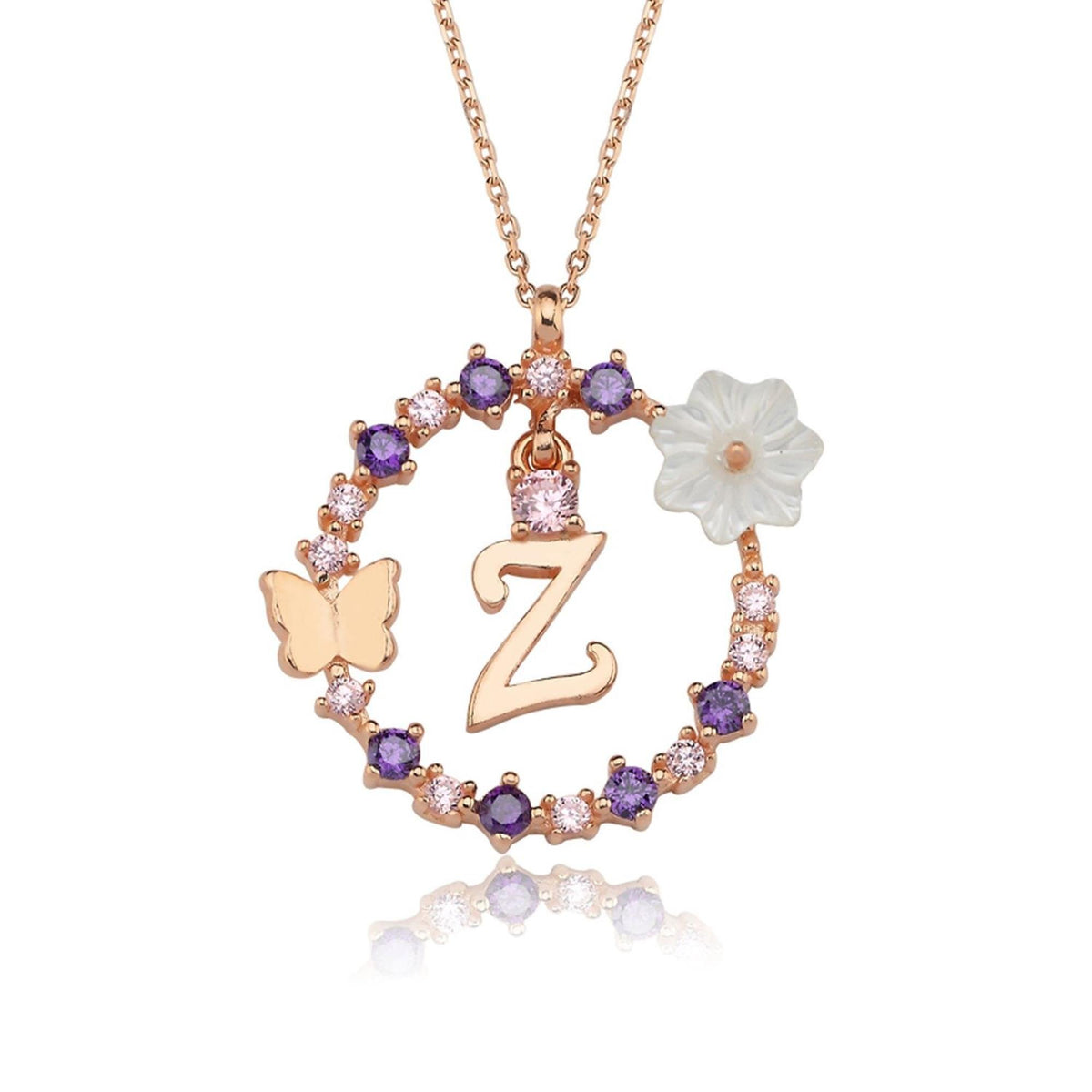 Floral Dream Z Initial CZ Rose Gold 925K Sterling Silver Necklace