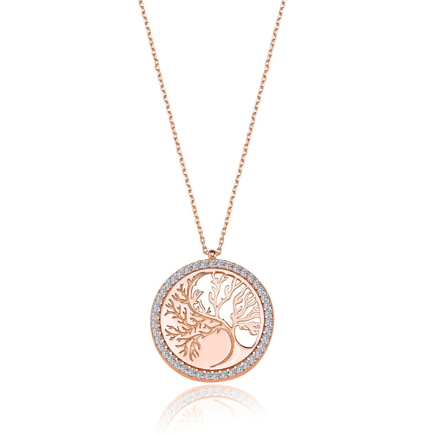 Whispering Life Tree CZ Rose Gold 925K Sterling Silver Necklace