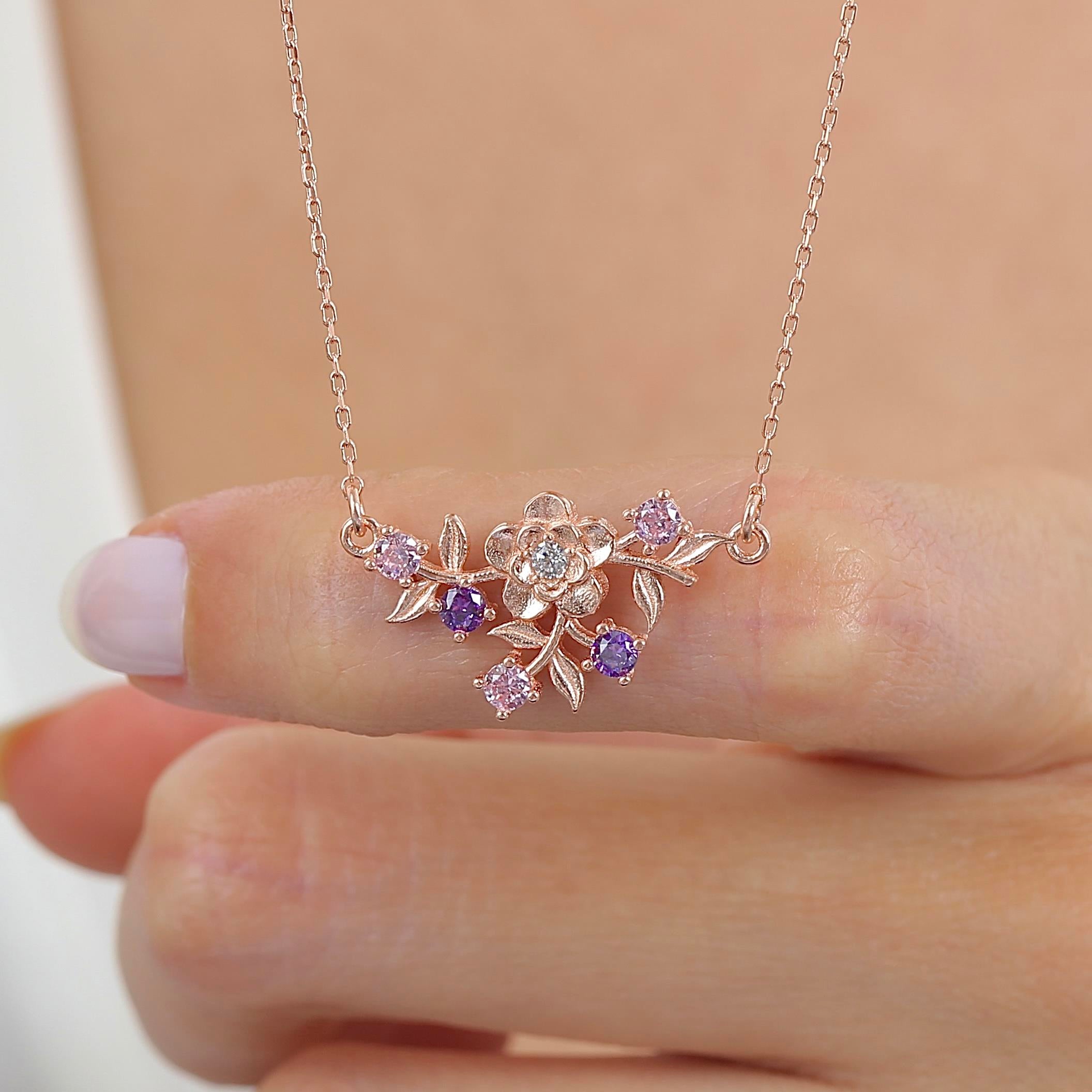 Floral Mix Harmony CZ Rose Gold 925K Sterling Silver Necklace