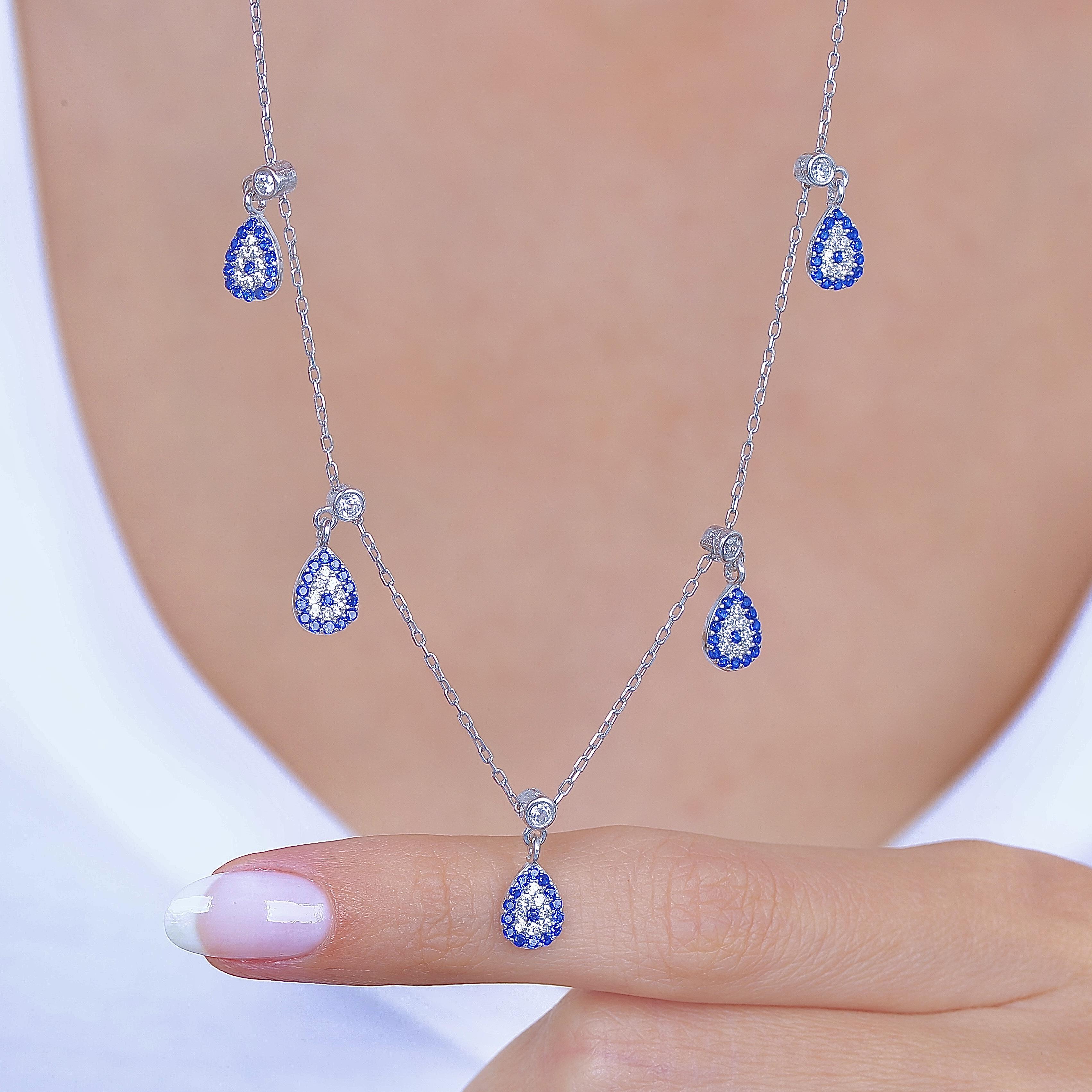Harmonic Elements Evil Eye Bead Drops CZ 925K Sterling Silver Necklace