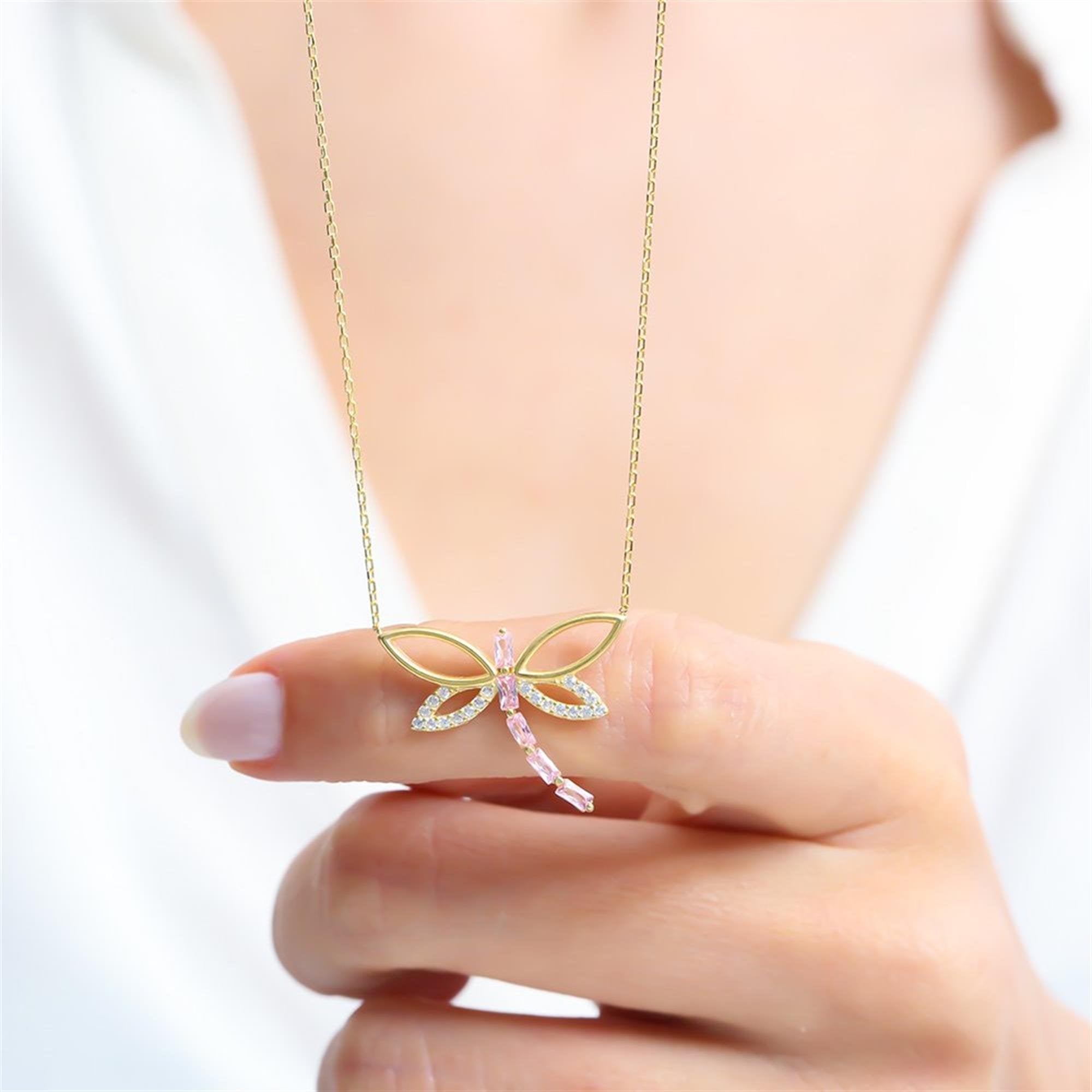 Whispering Dragonfly Wings Pink Stone CZ 14K Gold Necklace