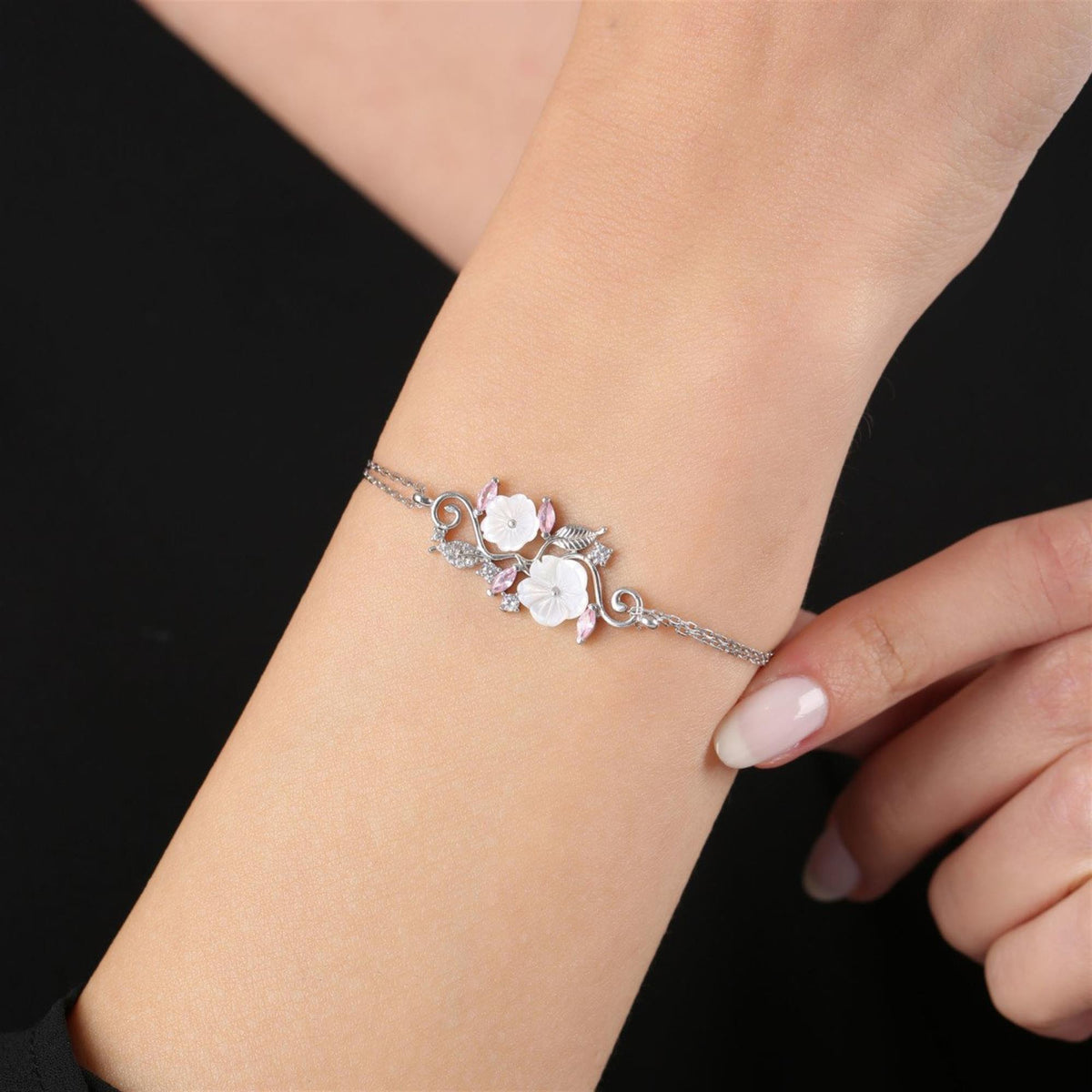 Magnolia Symphony Vine Pink Stone CZ 925K Sterling Silver Bracelet