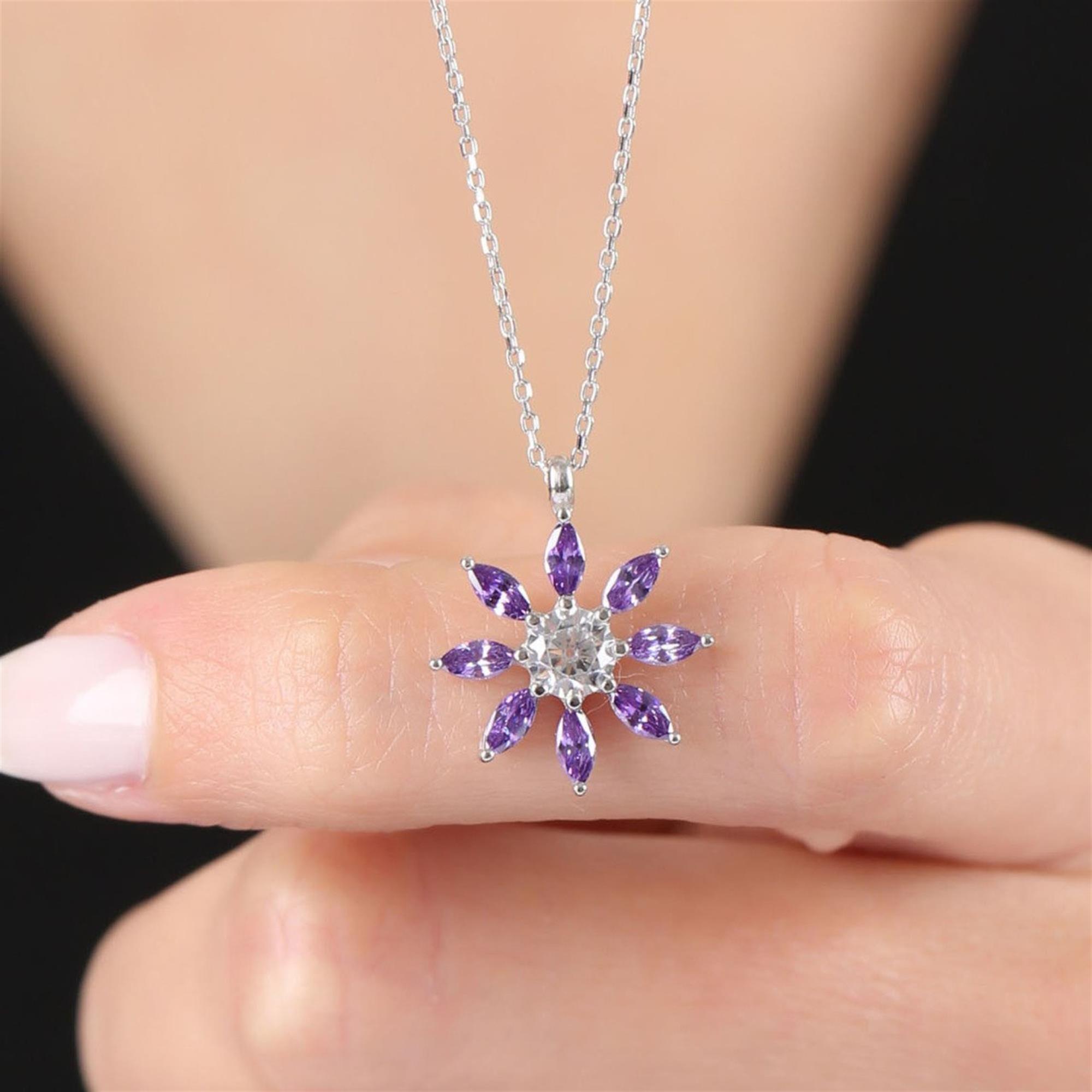 Sunlit Amethyst Color Bloom CZ 925K Sterling Silver Necklace