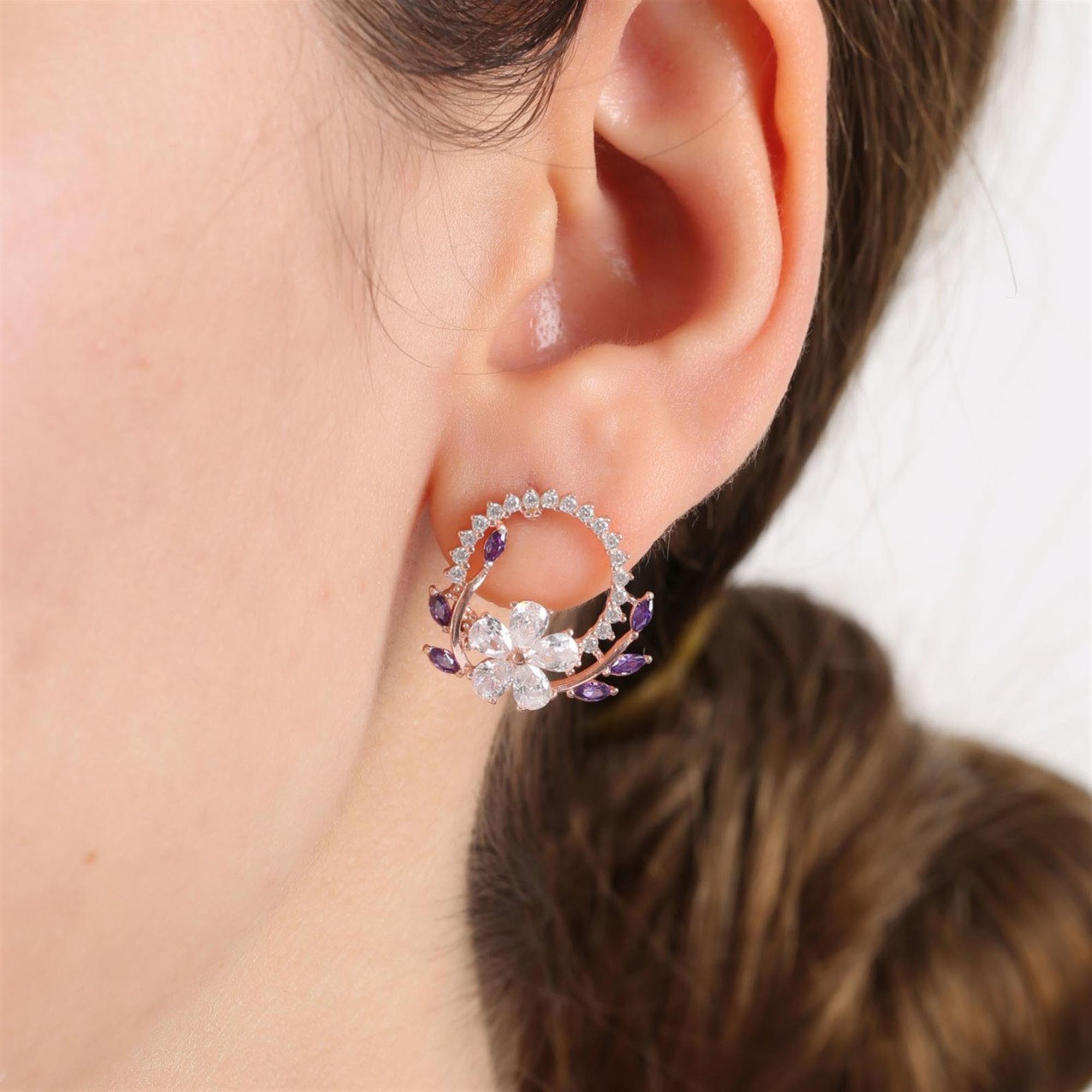 Plumeria Amethyst Color Crown CZ Rose Gold 925K Sterling Silver Earrings