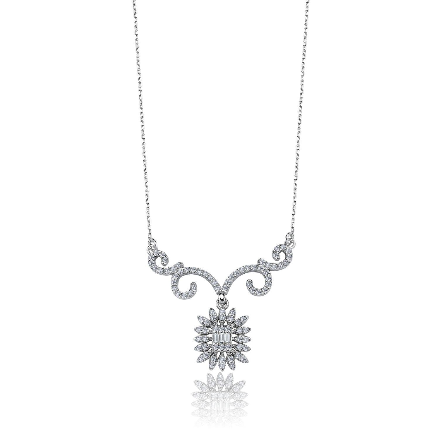 Shining Baget Sun Bloom Baroque Romance CZ 925K Sterling Silver Necklace