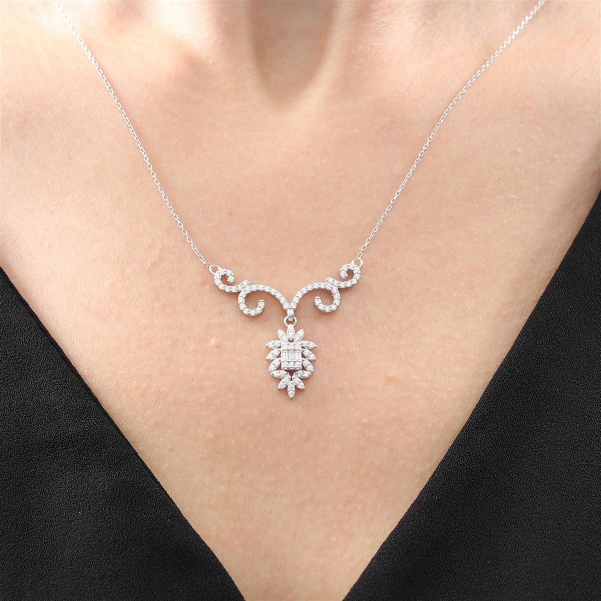 Graceful Baguette Sun Charm Baroque Romance CZ 925K Sterling Silver Necklace