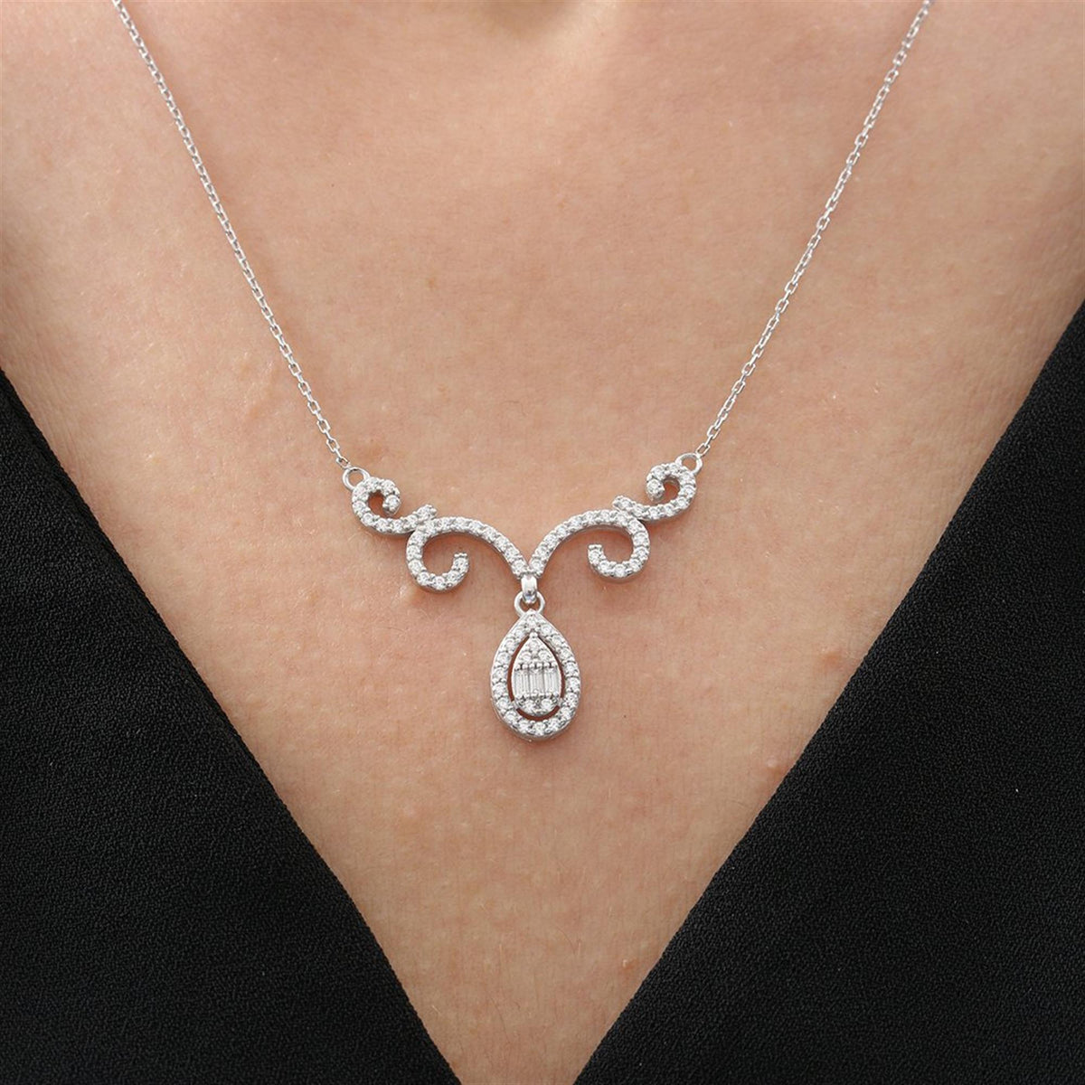 Graceful Baget Drop Baroque Romance CZ 925K Sterling Silver Necklace