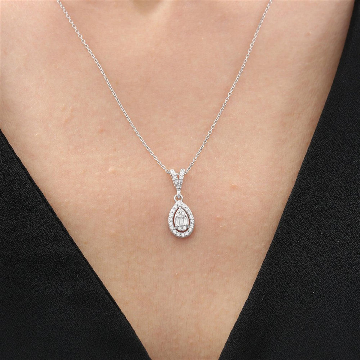Graceful Baget Drop Pure Elegance CZ 925K Sterling Silver Necklace