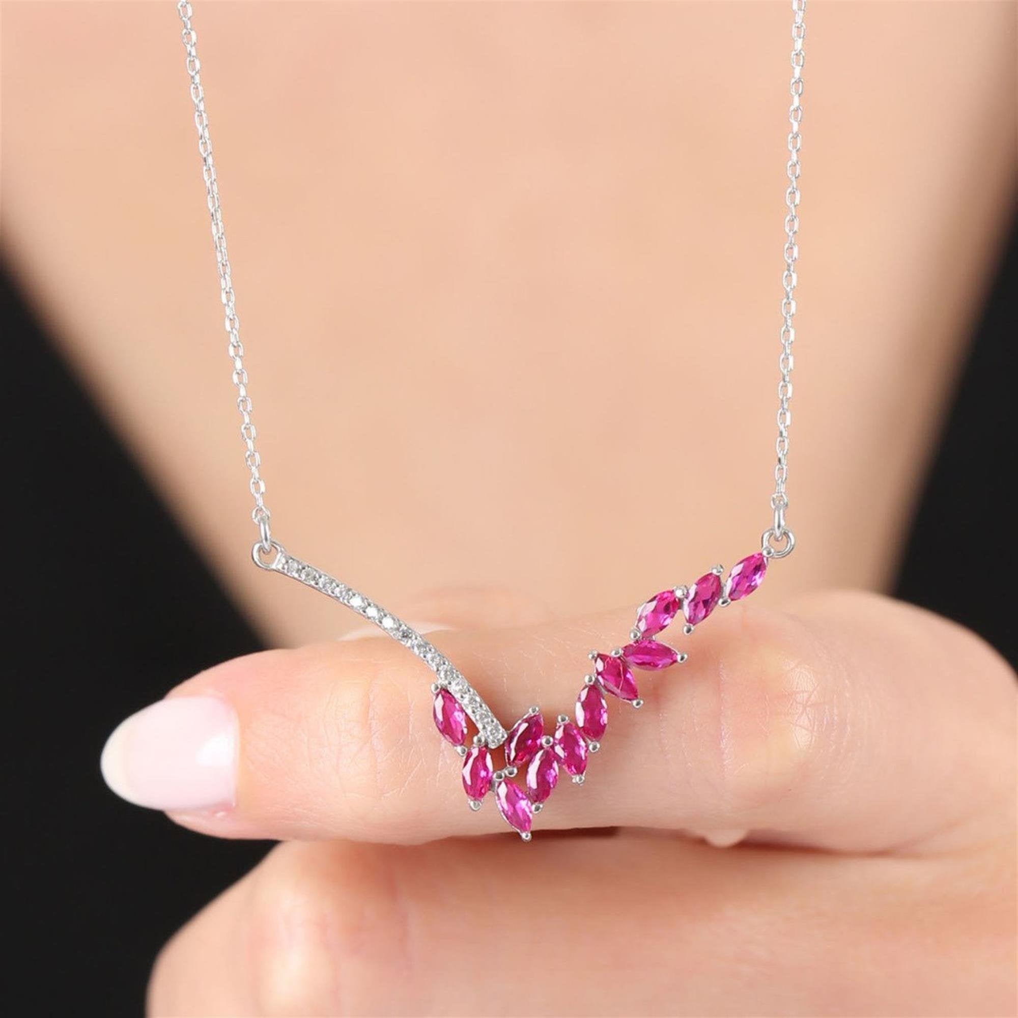 Fuchsia Marquise Vine CZ 925K Sterling Silver Necklace