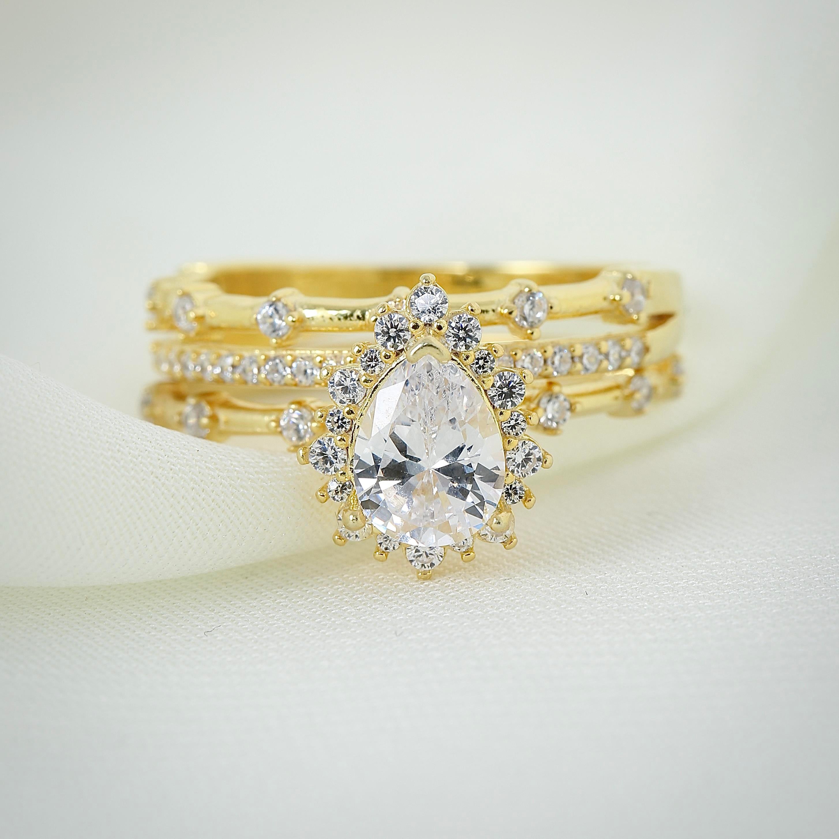 Radiant Teardrop Elegance CZ 14K Gold Twin Rings - Etossimo Jewelry