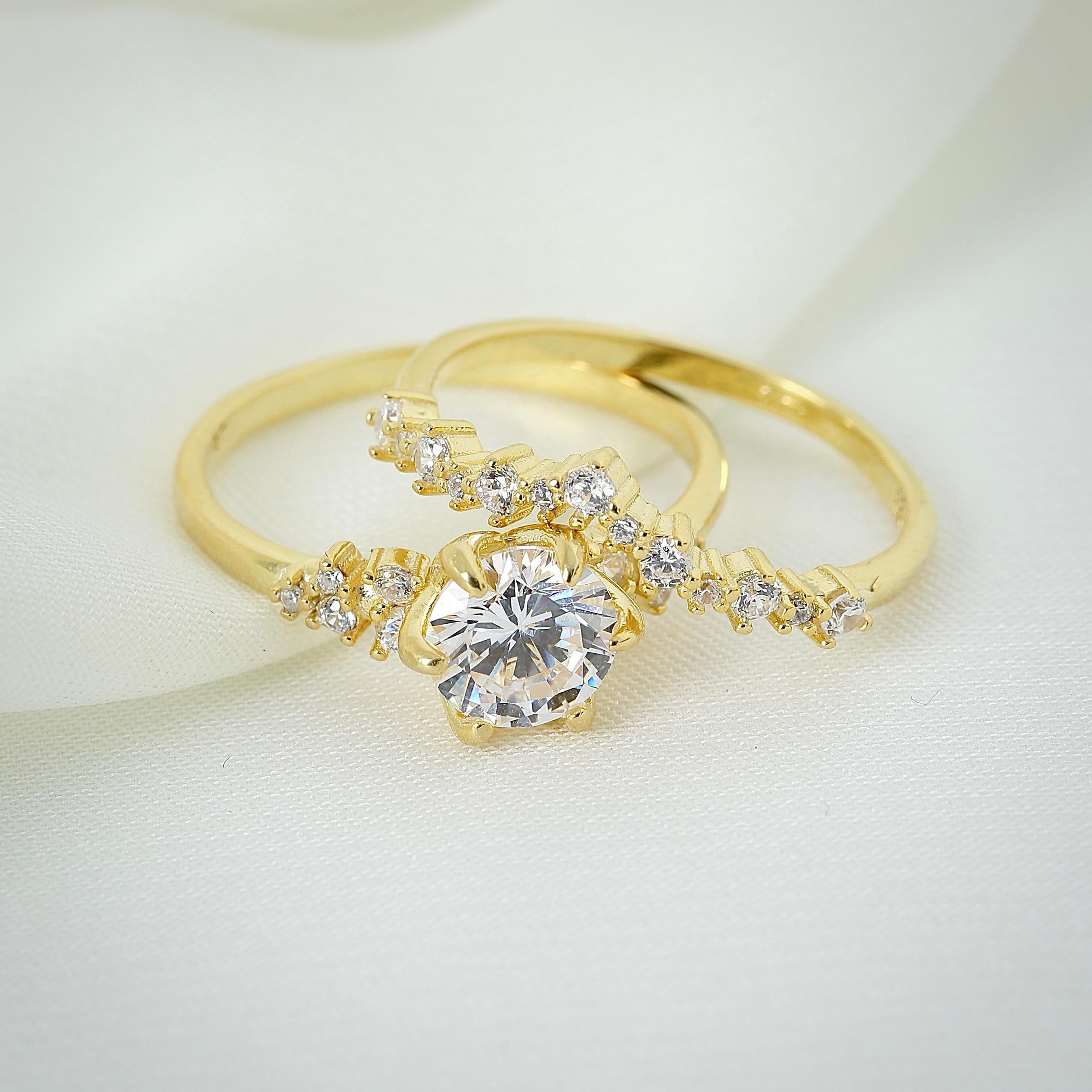Radiant Princess Tale CZ 14K Gold Twin Rings - Etossimo Jewelry