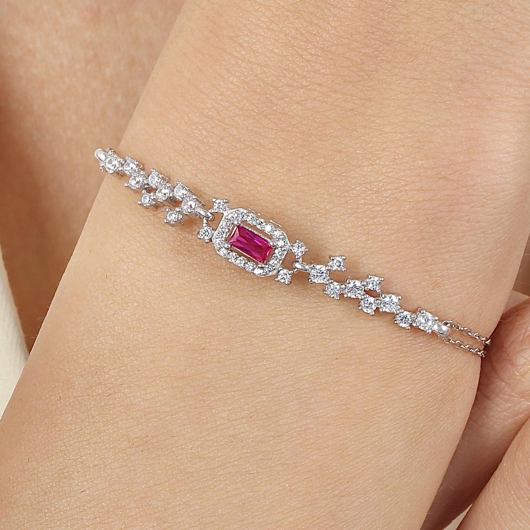 Elegant Ruby Color Glow CZ 925K Sterling Silver Bracelet