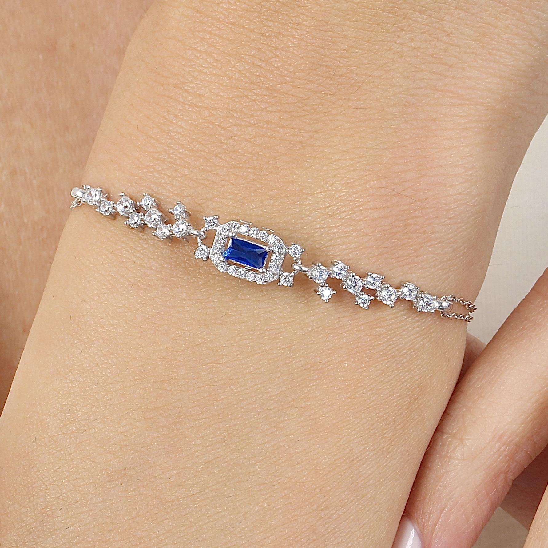Elegant Sapphire Color Glow CZ 925K Sterling Silver Bracelet