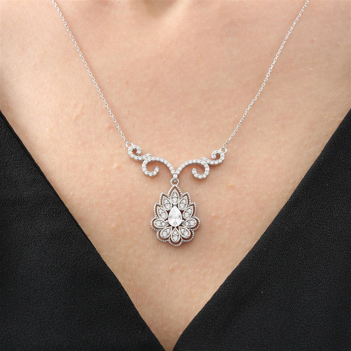 Graceful Lotus Sparkle Baroque Romance CZ 925K Sterling Silver Necklace