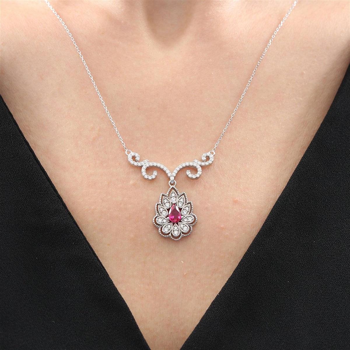 Graceful Lotus Sparkle Ruby Color Baroque Romance CZ 925K Sterling Silver Necklace