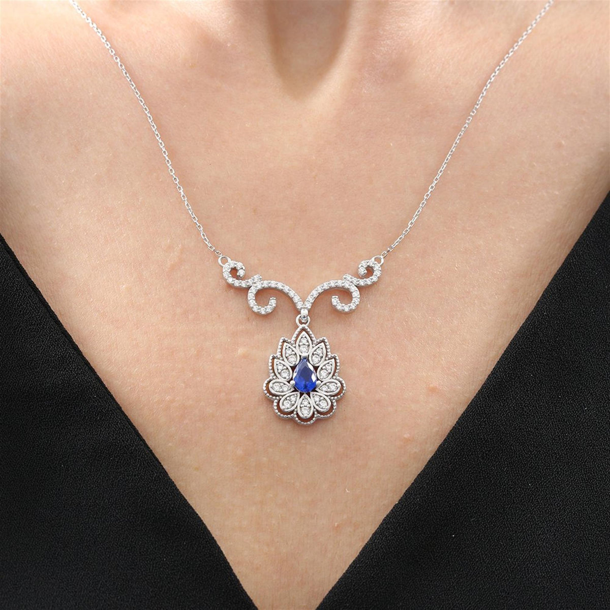 Graceful Lotus Sparkle Sapphire Color Baroque Romance CZ 925K Sterling Silver Necklace