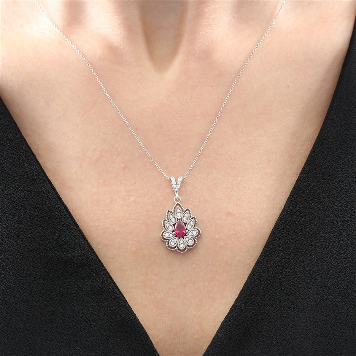 Graceful Lotus Sparkle Ruby Color Pure Elegance CZ 925K Sterling Silver Necklace