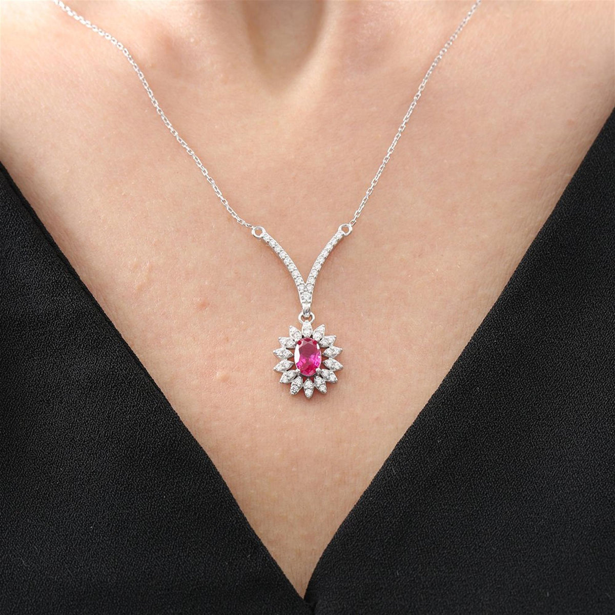 Majestic Sunstar Oval Ruby Color Modern Glamour CZ 925K Sterling Silver Necklace