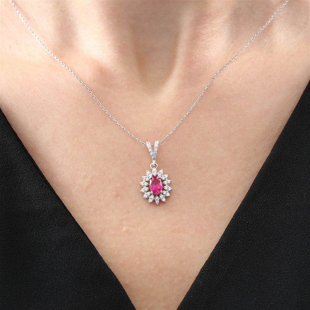 Majestic Sunstar Oval Ruby Color Pure Elegance CZ 925K Sterling Silver Necklace