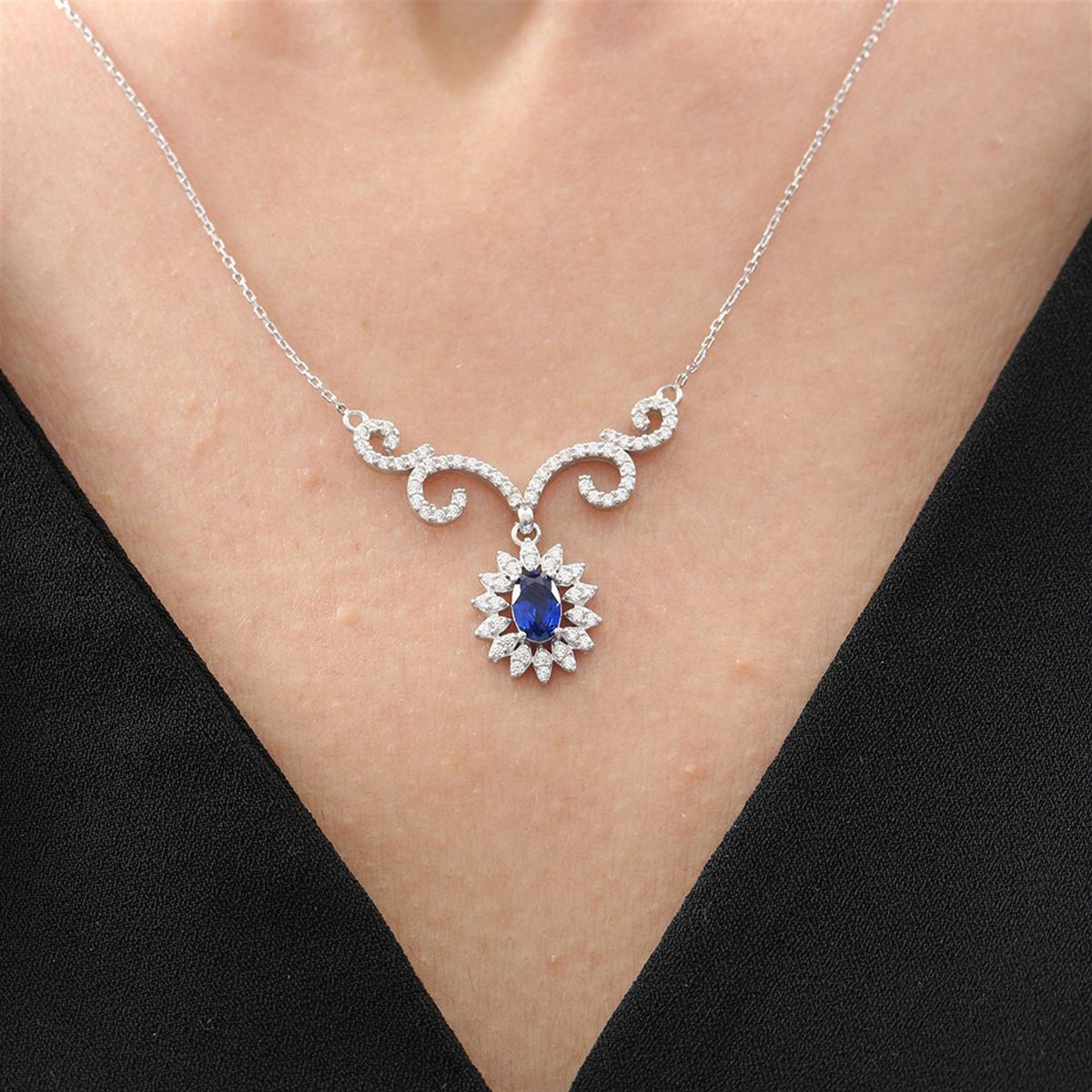 Majestic Sunstar Oval Sapphire Color Baroque Romance CZ 925K Sterling Silver Necklace