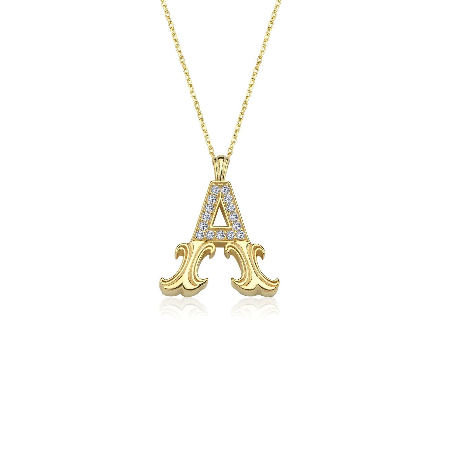 Vintage Elegance A Initial CZ 14K Gold Necklace